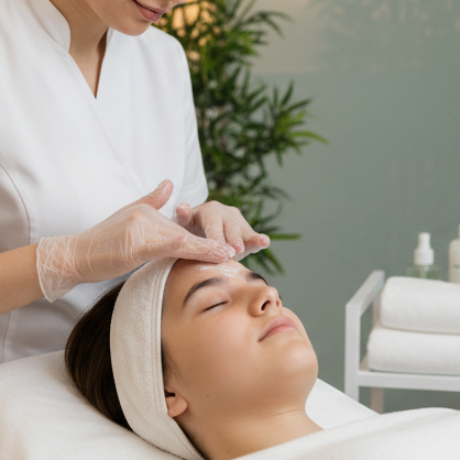 esthéticienne qui fait un soin du visage à un/une adolescent(e)